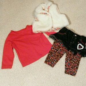 3-6 Month Fur Vest, Red Shirt, and Leggings Outfit